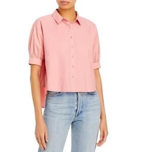 Sundays Tatum Poplin Blouse Women L Pink Button Front Short Sleeve Preppy‎ Boxy